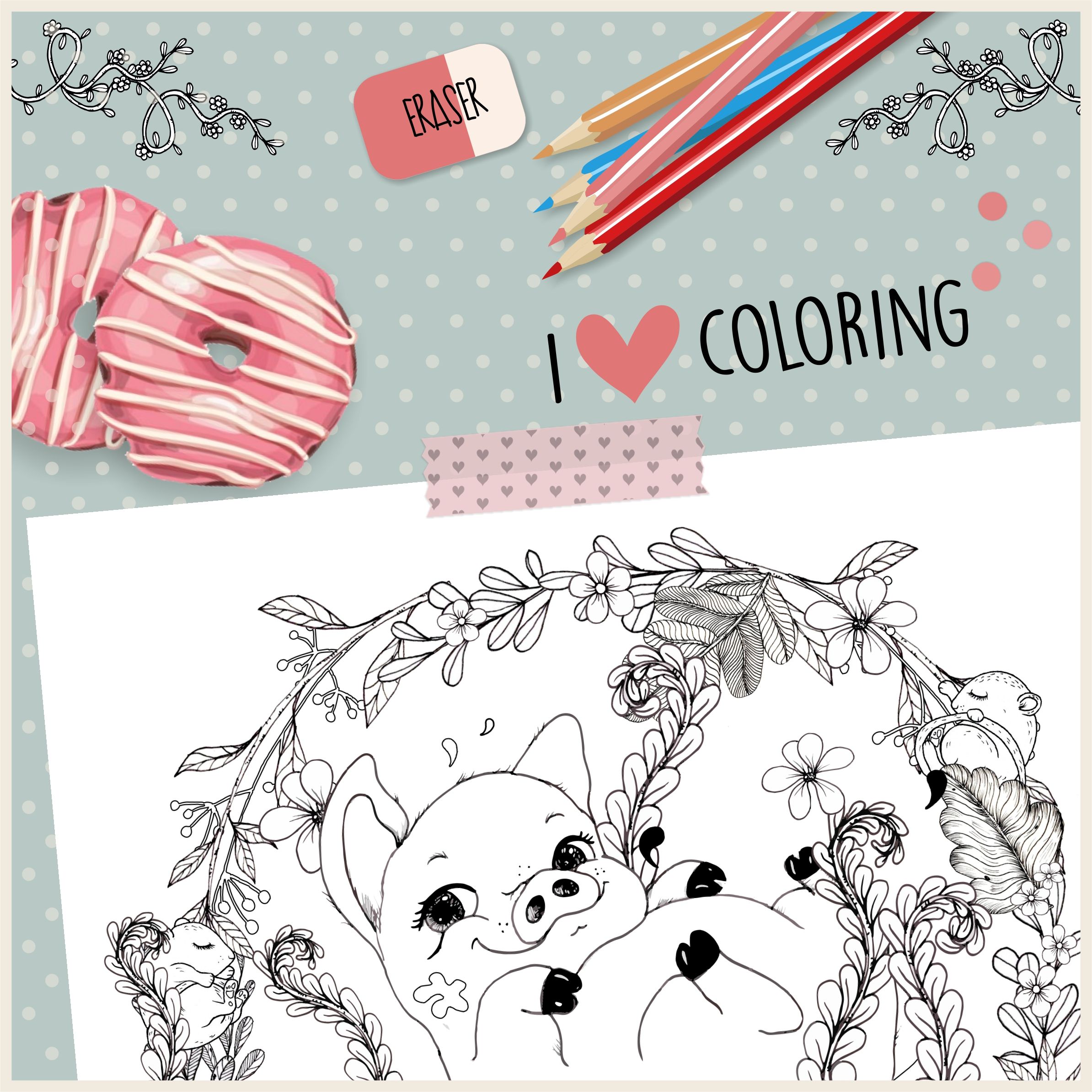 GRAPHIC MOCKUP ETSY DIGITAL COLORING PAGE -  HAPPY DAY Piglet & Mice
